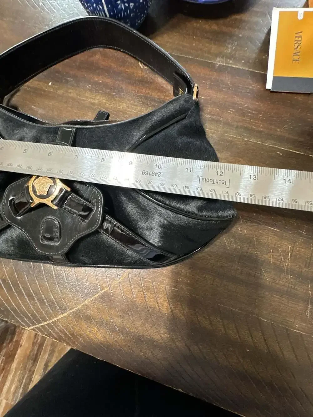 Versace Black Pony Hair And Patent Leather Hobo Handbag